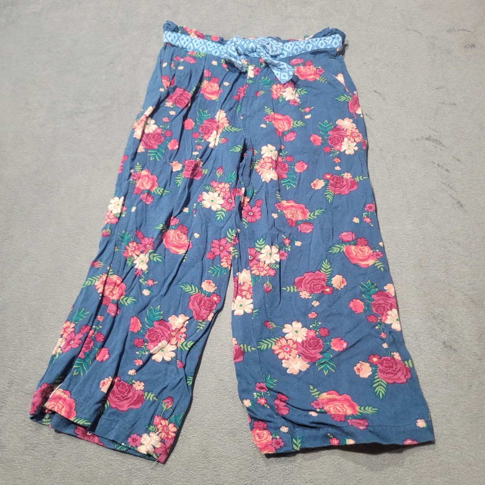 Matilda Jane Pants Girls 6 Blue Pink Floral Rose Paperbag Waist Wide Leg Boho‎